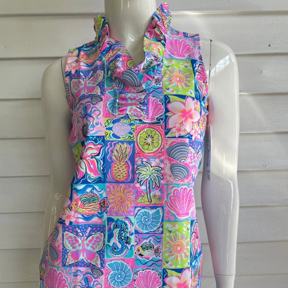 Lulu-B Ladies Colorful Comfy Beach Color Block Print Sleeveless Ruffle Neck Top